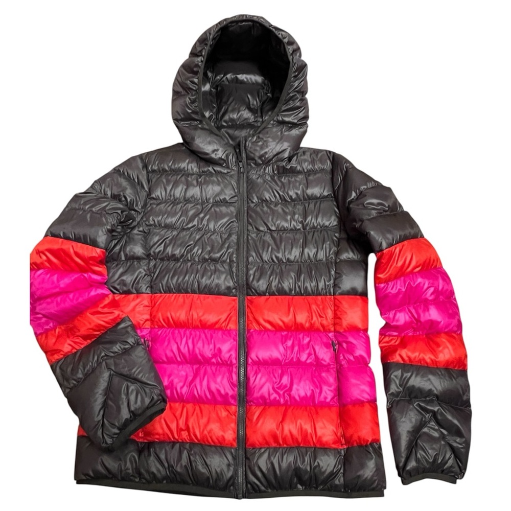 NWOT Uniqlo Charcoal Gray Down Puffer Jacket Orange and Hot Pink StripesYouth XL